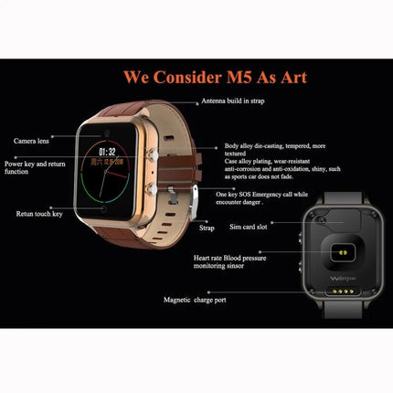 Daily Bracelet for Everyday Health and Activity Tracking showing gold smartwatch with heart rate, blood pressure, step tracking, call and SOS features