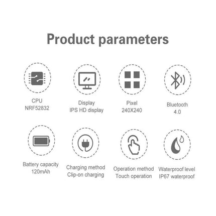 Keep track of daily activities with a practical smartwatch showing product parameters icons for CPU, display, Bluetooth, battery, charging, touch and IP67 waterproof