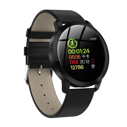 Keep track of daily activities with a practical smartwatch showing step count, heart rate and activity timer on a black leather strap watch