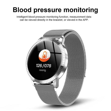 Keep track of daily activities with a practical smartwatch showing blood pressure 126/078 on silver mesh band display