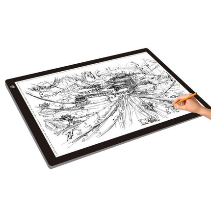 A2 Acrylic Sketch Board with Adjustable LED Brightness showing hand tracing detailed landscape sketch on illuminated surface