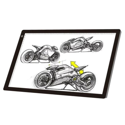 A2 Acrylic Sketch Board with Adjustable LED Brightness showing motorcycle sketches on illuminated tracing surface