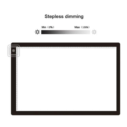 A2 Acrylic Sketch Board with Adjustable LED Brightness showing stepless dimming control and corner power button, ideal for tracing and drawing
