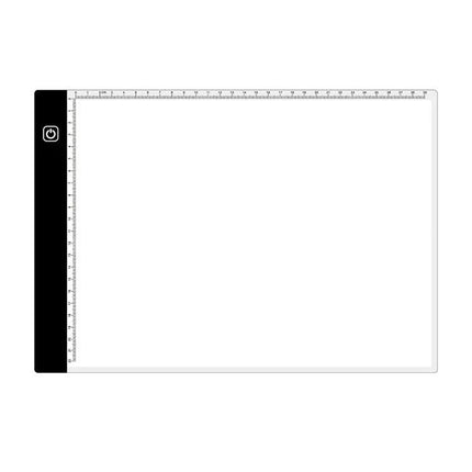 A4 Acrylic Light Board for Sketching and Tracing with Adjustable Brightness showing slim illuminated A4 acrylic surface with touch brightness control and ruler edges