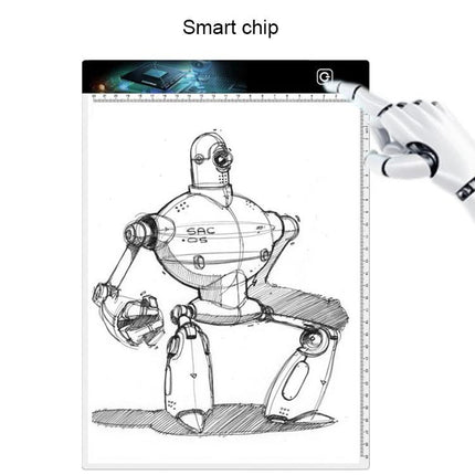Portable A4 Acrylic LED Light Pad for Drawing and Sketching showing robot sketch being traced with illuminated acrylic surface