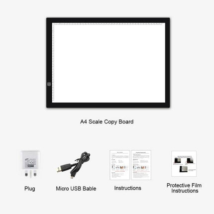 A3 Dimmable Acrylic Sketchpad for Drawing and Tracing with black frame, adjustable brightness, USB plug and instructions