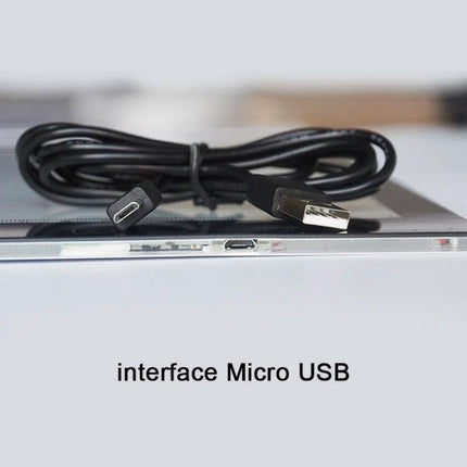 A3 Dimmable Acrylic Sketchpad for Drawing and Tracing showing included Micro USB cable and port for adjustable brightness