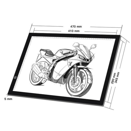 A3 Dimmable Acrylic Sketchpad for Drawing and Tracing showing motorcycle tracing on adjustable brightness light pad
