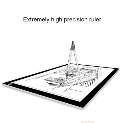 A3 Dimmable Acrylic Sketchpad for Drawing and Tracing showing adjustable-brightness light pad with architectural tracing and compass tool