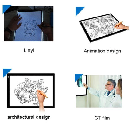 A3 Dimmable Acrylic Sketchpad for Drawing and Tracing showing hands tracing animation, architectural design, Linyi sketch and CT film use