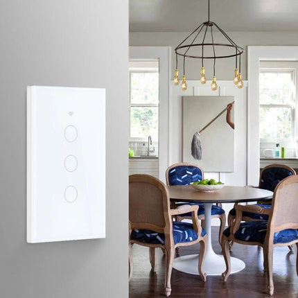 Voice-Activated Smart Light Switch for Home Lighting Control mounted by dining area with WiFi app scheduling and remote on/off