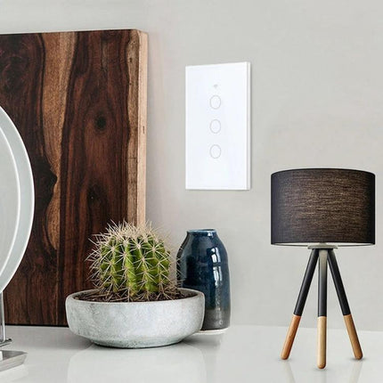 Voice-Activated Smart Light Switch for Home Lighting Control mounted on wall above decorative lamp and succulent