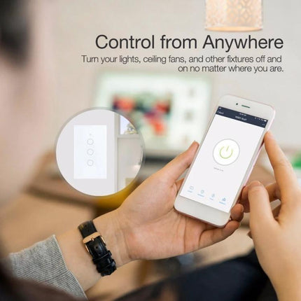 Voice-Activated Smart Light Switch for Home Lighting Control showing mobile app remote on smartphone and in-wall switch