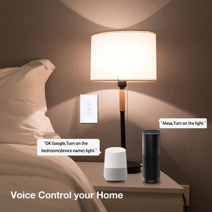 Voice-Activated Smart Light Switch for Home Lighting Control showing bedside lamp, smart speakers, and wall switch for voice and app control