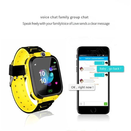 Children's Smartwatch for Everyday Kid Safety Monitoring showing yellow smartwatch with app voice chat and location features