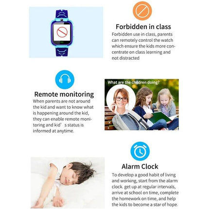 Children's Smartwatch for Everyday Kid Safety Monitoring showing features: forbidden in class, remote monitoring, alarm clock