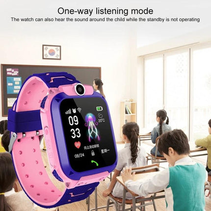 Kids' Smartwatch for Everyday Safety and Monitoring shown in classroom with pink-blue kids GPS watch displaying time and call icon