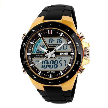 SKMEI Men's Waterproof Outdoor Sports Digital Watch for Daily Use - gold black digital sports watch with dual display and waterproof design