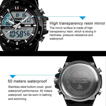 SKMEI Men's Waterproof Outdoor Sports Digital Watch for Daily Use close-up showing digital dial, resin mirror and 50 meters waterproof stainless back.