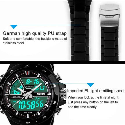 SKMEI Men's Waterproof Outdoor Sports Digital Watch for Daily Use - black PU strap, stainless buckle, EL backlight and dual digital-analog display