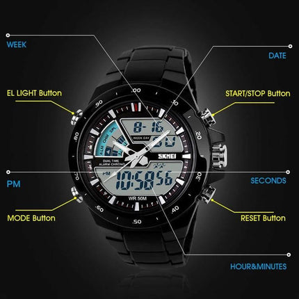 SKMEI Men's Waterproof Outdoor Sports Digital Watch for Daily Use showing labeled buttons, dual display, stopwatch and waterproof design