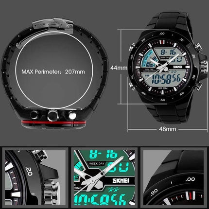 SKMEI Men's Waterproof Outdoor Sports Digital Watch for Daily Use black digital display with dimensions 44x48mm and 207mm max perimeter