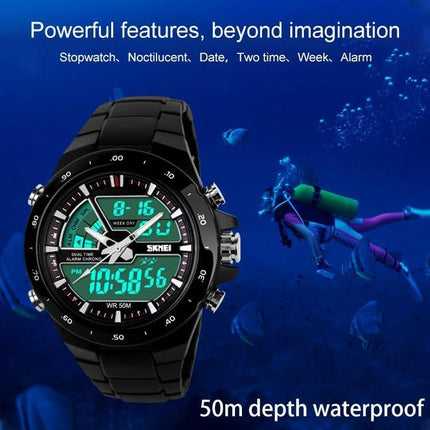 SKMEI Men's Waterproof Outdoor Sports Digital Watch for Daily Use showing black digital watch with green display and 50m depth waterproof for swimming