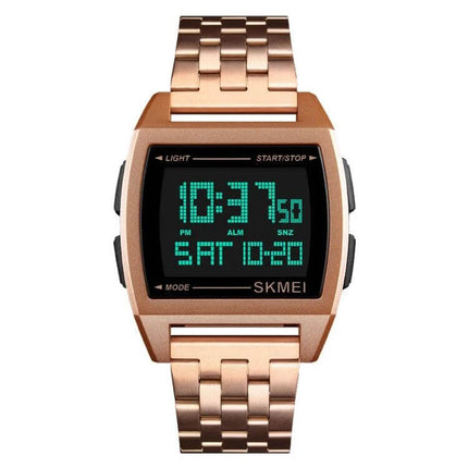 SKMEI Men's Waterproof Outdoor Sports Digital Watch in rose gold with digital display showing time, date, alarm and stainless steel band