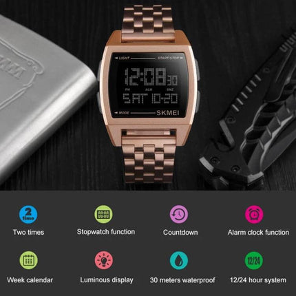 SKMEI Men's Waterproof Outdoor Sports Digital Watch in rose gold metal band showing digital display and icons for stopwatch, countdown, alarm, luminous display, 30m waterproof