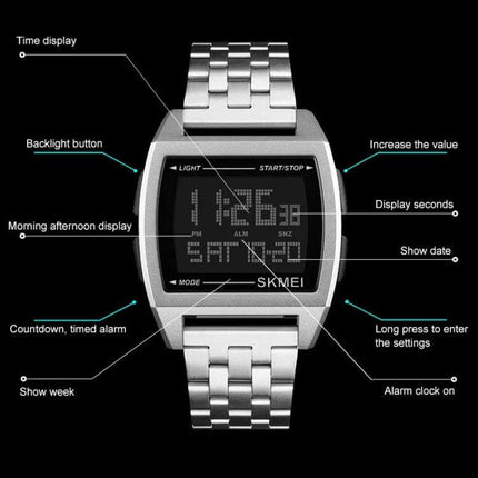 SKMEI Men's Waterproof Outdoor Sports Digital Watch close-up showing digital display, stainless steel band, buttons and function labels
