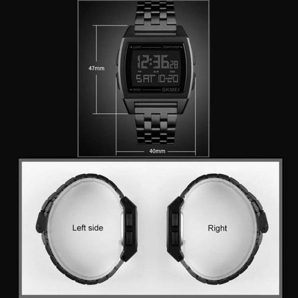 SKMEI Men's Waterproof Outdoor Sports Digital Watch black digital face 47mm x 40mm with metal band and side buttons