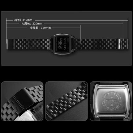 SKMEI Men's Waterproof Outdoor Sports Digital Watch — black metal band, digital display, 30m water resistant, detailed measurements and caseback