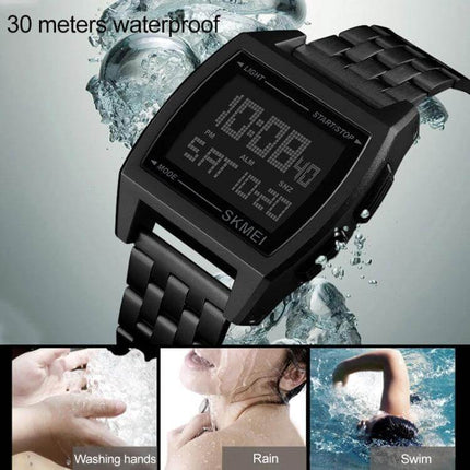 SKMEI Men's Waterproof Outdoor Sports Digital Watch in black showing digital display with water splash, 30m waterproof for swim, rain, hiking