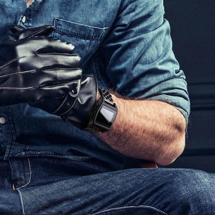 SKMEI Men's Waterproof Outdoor Sports Digital Watch on a man's wrist with leather gloves and denim outfit, rugged waterproof design for hiking and swimming