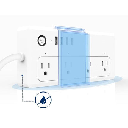 WiFi Smart Power Plug with Remote Control and Timer Feature showing dual outlets, app control icon and timer scheduling for energy savings