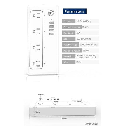 WiFi Smart Power Plug with Remote Control and Timer Feature showing US plug, 4 outlets, USB ports and product dimensions
