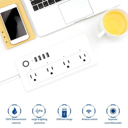WiFi Smart Power Plug with Remote Control and Timer Feature on desk showing smartphone laptop coffee and USB ports