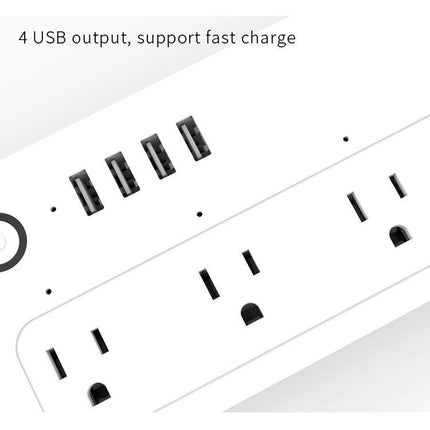 WiFi Smart Power Plug with Remote Control and Timer Feature showing 4 USB ports and multiple AC outlets for remote scheduling and energy saving