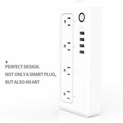 WiFi Smart Power Plug with Remote Control and Timer Feature - white vertical smart plug with multiple outlets, USB ports, power button, app scheduling