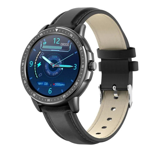 Smart Watch for Everyday Health and Activity Monitoring - black leather band smartwatch showing heart rate and step tracking