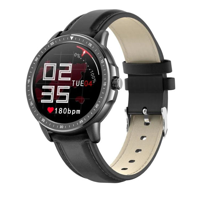 Smart Watch for Everyday Health and Activity Monitoring – black leather strap smartwatch showing heart rate and step tracking