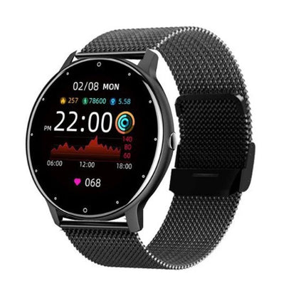 Steel Band Smart Watch for Everyday Health and Activity Tracking - black steel mesh band smartwatch showing heart rate, steps and activity stats