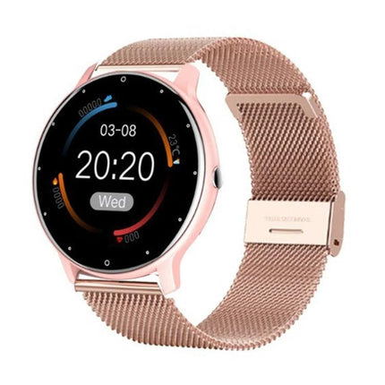 Steel Band Smart Watch for Everyday Health and Activity Tracking - rose gold mesh band smartwatch showing time and fitness metrics