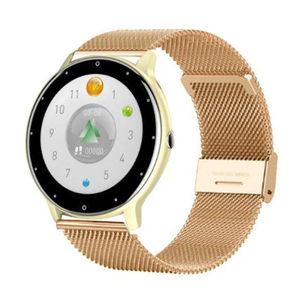 Steel Band Smart Watch for Everyday Health and Activity Tracking - gold steel mesh band showing round touchscreen with activity icons