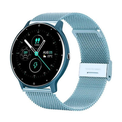 Steel Band Smart Watch for Everyday Health and Activity Tracking - blue steel mesh band smartwatch showing heart rate, steps, and multi-sport modes