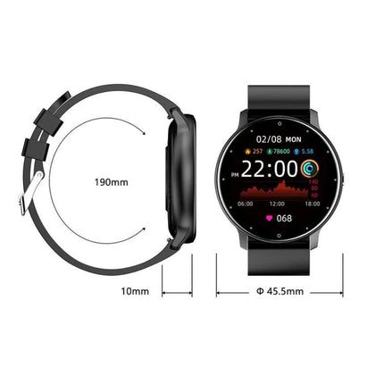 Steel Band Smart Watch for Everyday Health and Activity Tracking - black round display showing time, heart rate, steps and dimensions