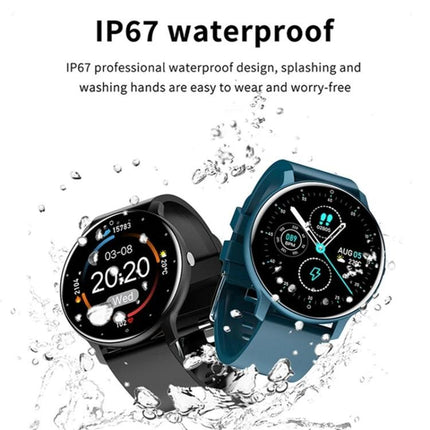 Steel Band Smart Watch for Everyday Health and Activity Tracking shown waterproof with water splashes, black and blue models displaying health and activity stats