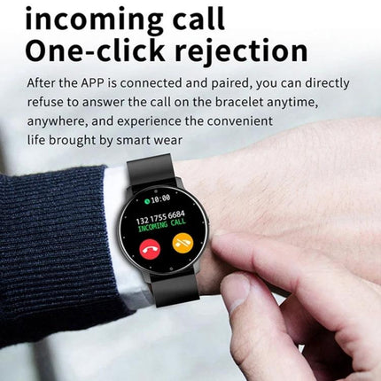 Steel Band Smart Watch for Everyday Health and Activity Tracking showing incoming call screen with one-click rejection on wrist