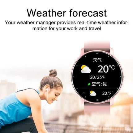 Steel Band Smart Watch for Everyday Health and Activity Tracking - rose gold watch showing weather forecast and runner using earbuds