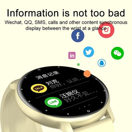Steel Band Smart Watch for Everyday Health and Activity Tracking - gold smartwatch showing message notifications and app icons for calls and messaging